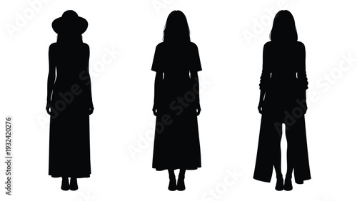 Silhouettes of three women in different outfits viewed from the front