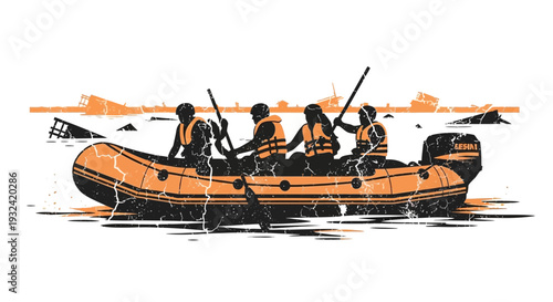 Inflatable boat crew navigating flooded city ruins