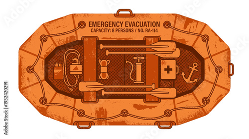 Inflatable emergency evacuation raft with survival gear and oars, top view, isolated on white.