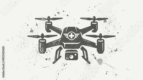 Medical drone icon with plus symbol, distressed texture, healthcare technology concept