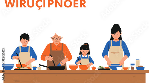 Family Cooking Together Flat Illustration