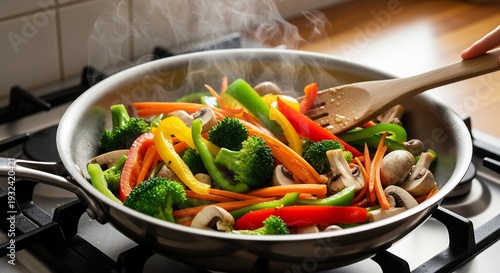 Fresh Vegetables Stir-Frying in a Hot Pan with Steam Rising.