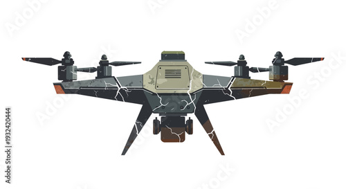 Modern drone with camera, isolated on white background. Futuristic aerial vehicle.