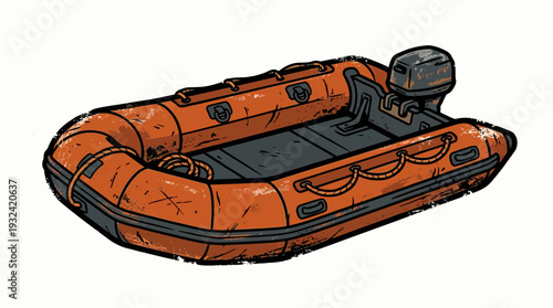 Orange inflatable boat with outboard motor, illustration