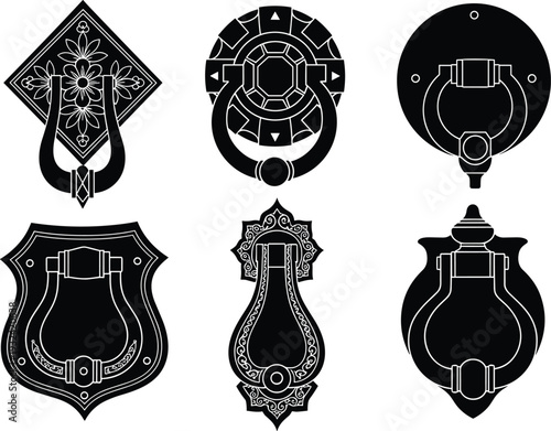 Set of ornate vintage door knockers in black silhouette isolated on white background, featuring decorative metal designs for classic, luxury, and traditional home entrances