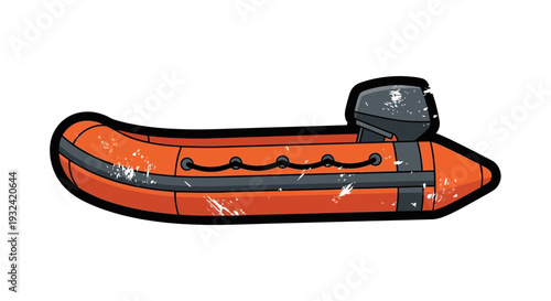 Orange inflatable boat with outboard motor, isolated on white background