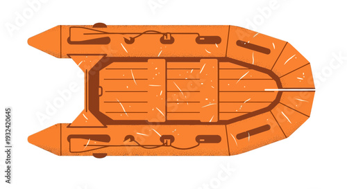Orange inflatable boat, top view, cartoon style