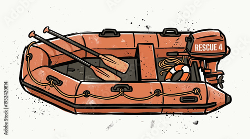 Orange inflatable rescue boat with oars, motor, and lifebuoy