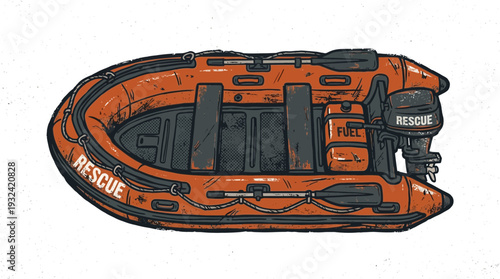 Orange inflatable rescue boat with outboard motor and oars, illustration