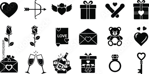Valentine Day and Love Icon Set: Romantic Heart, Wedding, Gift, and Anniversary Symbols
