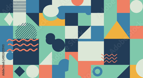 Geometric abstraction with colorful shapes and a dark figure silhouette