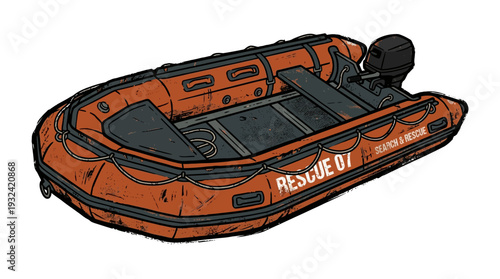 Orange inflatable rescue boat with outboard motor, illustration