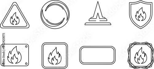 Fire Flame Badge and Warning Label Line Icon Set with Shield Emblem Sign Frame and Safety Symbols Vector Illustration