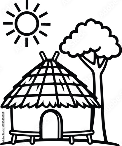 Simple village hut line illustration with tree and sun, rural house outline drawing for countryside living concept, eco home design, children education, and nature themed artwork