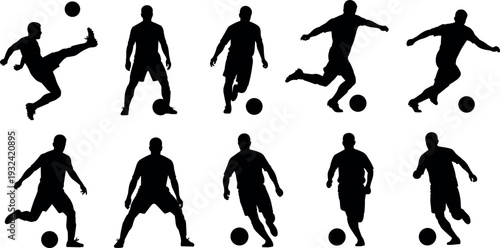 Soccer player silhouette collection showing football athletes dribbling, kicking and controlling ball in different action poses, sport training vector illustration set isolated