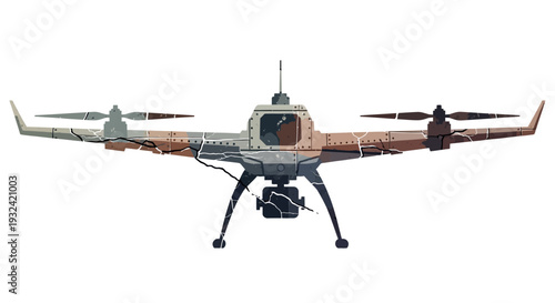 Quadrocopter drone with camera and propellers on white background