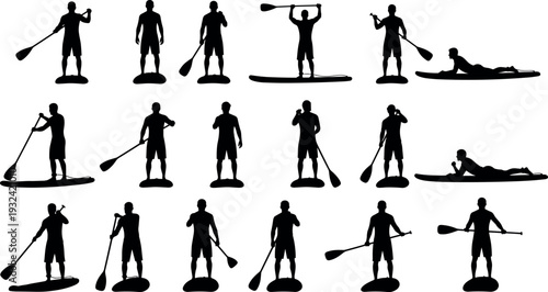 Stand up paddle boarding silhouette set with paddler poses, SUP surfing activity, water sport athlete collection isolated vector illustration for outdoor recreation design