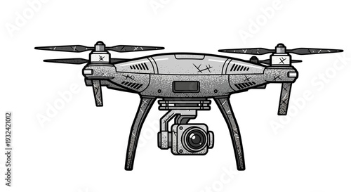 Quadrocopter drone with camera, black and white illustration