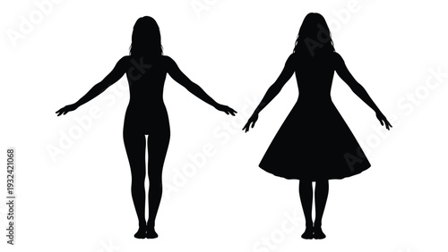 Two female silhouettes stand facing forward arms outstretched in contrasting outfits