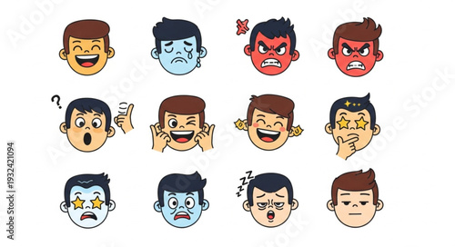 Collection of cartoon faces with various expressions and emotions, showing different feelings.