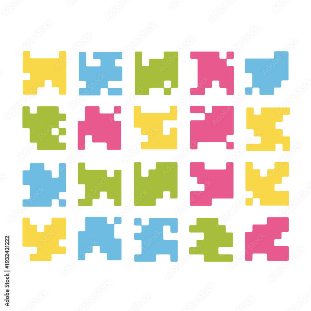 Naklejka premium Abstract pixel block collection and digital geometric element set. Vibrant flat vector graphics for retro gaming interfaces, tech-themed branding, and coding backgrounds.