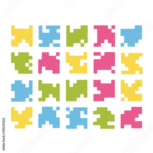 Abstract pixel block collection and digital geometric element set. Vibrant flat vector graphics for retro gaming interfaces, tech-themed branding, and coding backgrounds.