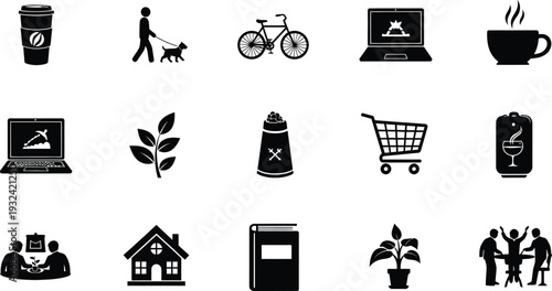 Daily Lifestyle and Activity Icon Set: Work Life Balance, Hobbies, and Home Symbols