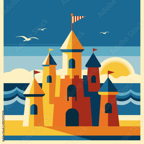 Artistic Modern Style Illustration of a Grand Sand Castle