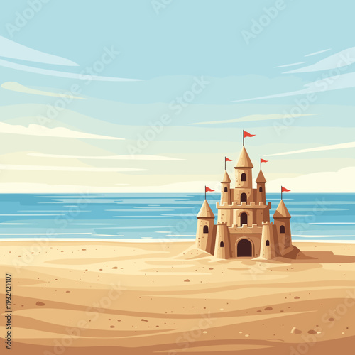 Scenic Beach Landscape with a Sand Castle at the Shore
