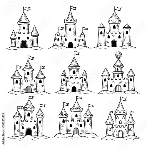 Grid Set of Small Castle and Tower Outlines