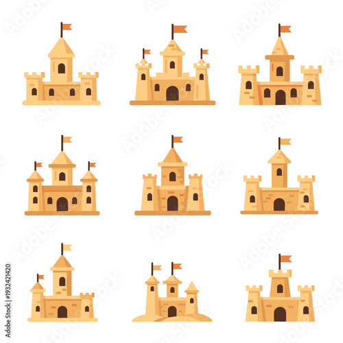Collection of Small Simple Sand Castle Vector Icons