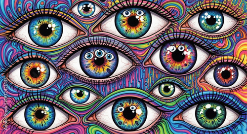 Intricate artwork showcasing a multitude of colorful, expressive eyes, captivating the viewers gaze.