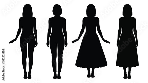Four silhouetted women stand in a row showcasing different dress styles