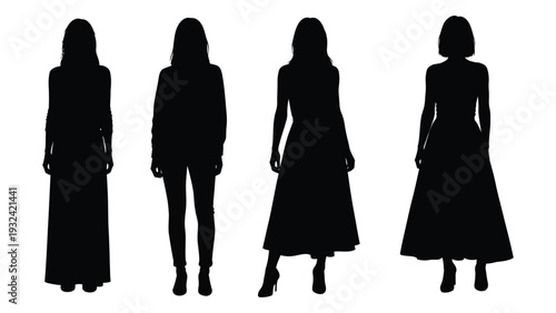 Silhouettes of four women standing in a row showcasing different dress styles