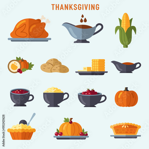 Set of Thanksgiving Dinner Food Icons and Graphics