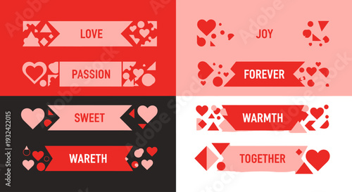 Red and white love banners with heart motifs and text silhouette