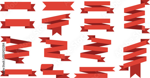 Red Ribbon Banner Collection with Folded Scroll Labels and Decorative Award Badges Isolated on White Background Vector Illustration Set