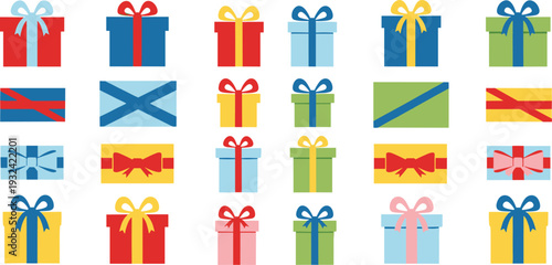 Colorful Gift Boxes and Wrapped Present Collection with Ribbon Bows Flat Design Celebration Package Vector Illustration Set