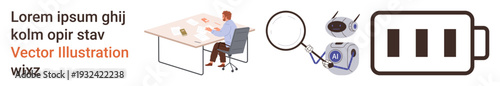 Productivity, workplace efficiency, artificial intelligence, technology, analysis, energy. A person working at a desk, AI robot magnifying glass and battery symbol. Productivity and workplace