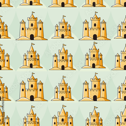 Seamless Pattern of Sand Castles on Beach Background