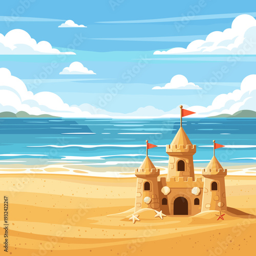 Beautiful Sand Castle on Sunny Tropical Beach with Blue Sea