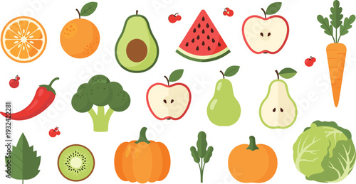Fresh Fruits and Vegetables Collection with Apple Pear Watermelon Orange Carrot Broccoli Pumpkin and Leafy Greens Vector Illustration