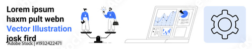 Two professionals on balancing scales, a laptop displaying data charts, and a gear icon symbolizing settings. Ideal for business, analytics, teamwork, comparison, productivity, process simple
