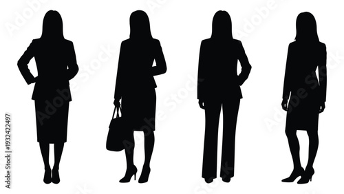 Four silhouetted women in business attire stand in a row facing forward