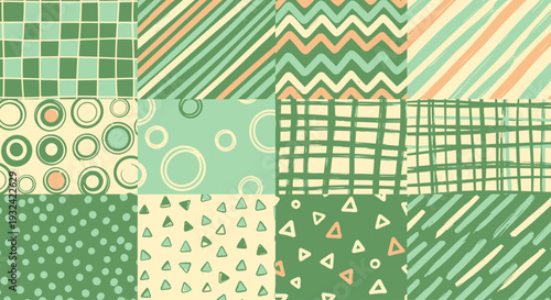 Abstract patchwork of geometric patterns in various shades silhouette