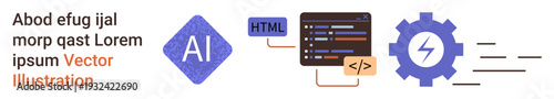 Artificial intelligence, coding, web development, automation, software engineering, machine learning. AI symbol and code blocks alongside a gear icon with motion lines. AI and coding concept