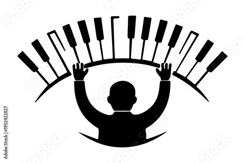 Piano Conductor Silhouette Logo with Keyboard Arch – Minimal Music Art Illustration