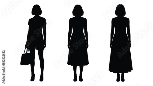 Three black silhouettes of women with varying dress lengths facing forward