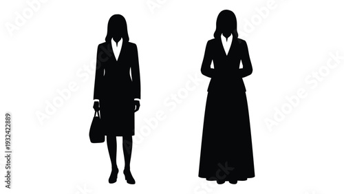 Silhouettes of two women in formal attire one holding a handbag