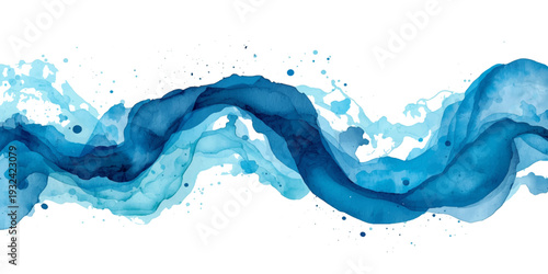 An abstract motion of clean blue liquid creates a fresh water splash with transparent bubbles and flowing ripples isolated on a white backdrop